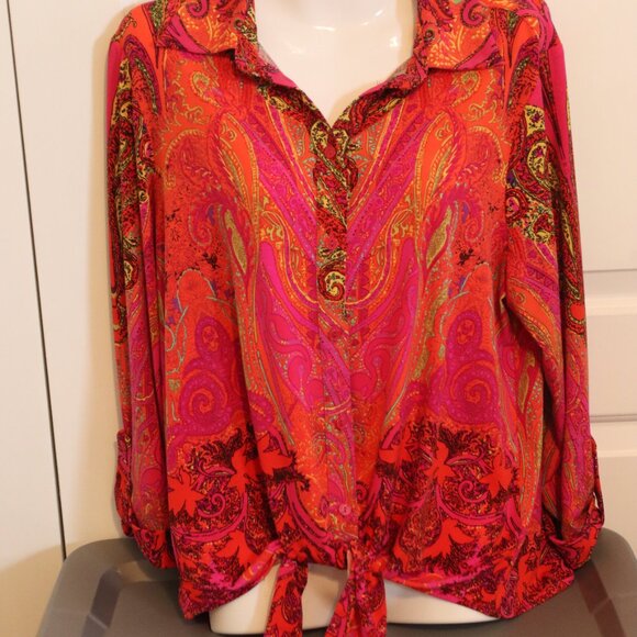 Nygard Bright Pink & Orange Paisley Front Tie Button Up Shirt Rolled Sleeve Lg - Picture 10 of 14
